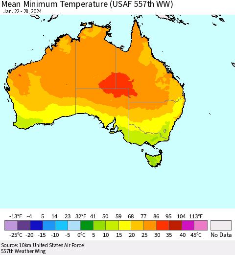 Australia Mean Minimum Temperature (USAF 557th WW) Thematic Map For 1/22/2024 - 1/28/2024