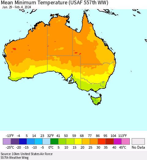 Australia Mean Minimum Temperature (USAF 557th WW) Thematic Map For 1/29/2024 - 2/4/2024