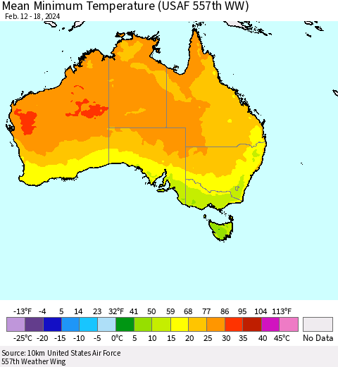 Australia Mean Minimum Temperature (USAF 557th WW) Thematic Map For 2/12/2024 - 2/18/2024