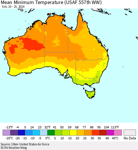 Australia Mean Minimum Temperature (USAF 557th WW) Thematic Map For 2/19/2024 - 2/25/2024