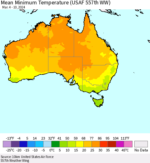 Australia Mean Minimum Temperature (USAF 557th WW) Thematic Map For 3/4/2024 - 3/10/2024
