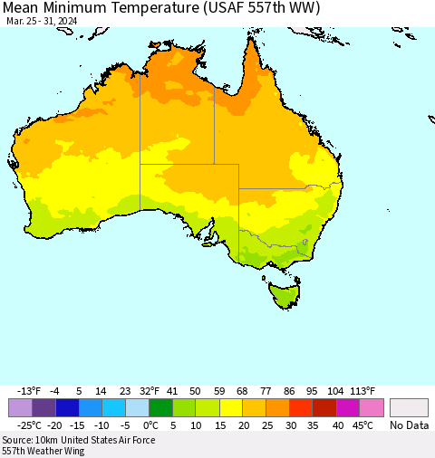 Australia Mean Minimum Temperature (USAF 557th WW) Thematic Map For 3/25/2024 - 3/31/2024