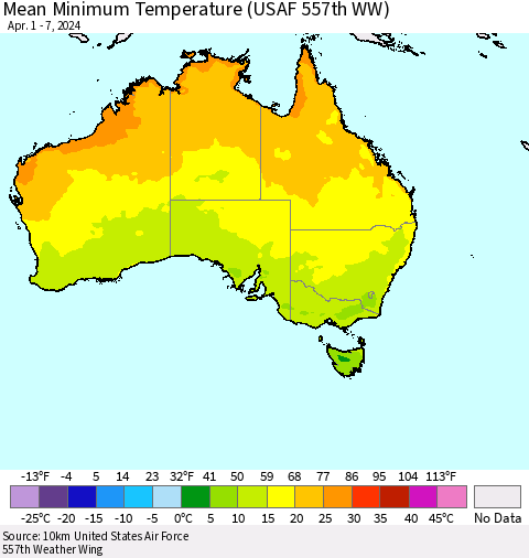 Australia Mean Minimum Temperature (USAF 557th WW) Thematic Map For 4/1/2024 - 4/7/2024