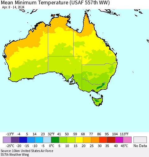 Australia Mean Minimum Temperature (USAF 557th WW) Thematic Map For 4/8/2024 - 4/14/2024