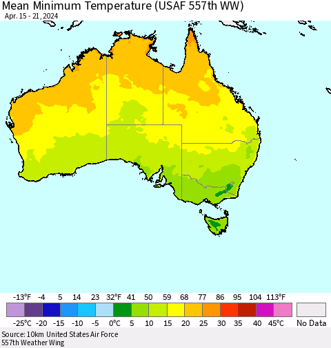 Australia Mean Minimum Temperature (USAF 557th WW) Thematic Map For 4/15/2024 - 4/21/2024