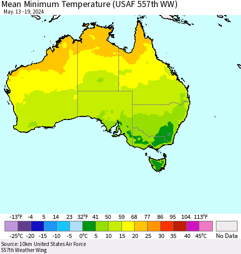 Australia Mean Minimum Temperature (USAF 557th WW) Thematic Map For 5/13/2024 - 5/19/2024