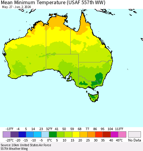 Australia Mean Minimum Temperature (USAF 557th WW) Thematic Map For 5/27/2024 - 6/2/2024
