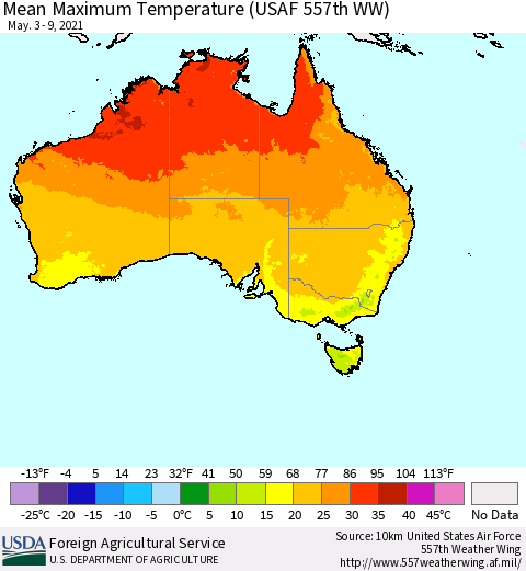 Australia Mean Maximum Temperature (USAF 557th WW) Thematic Map For 5/3/2021 - 5/9/2021
