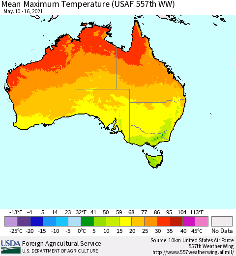 Australia Mean Maximum Temperature (USAF 557th WW) Thematic Map For 5/10/2021 - 5/16/2021