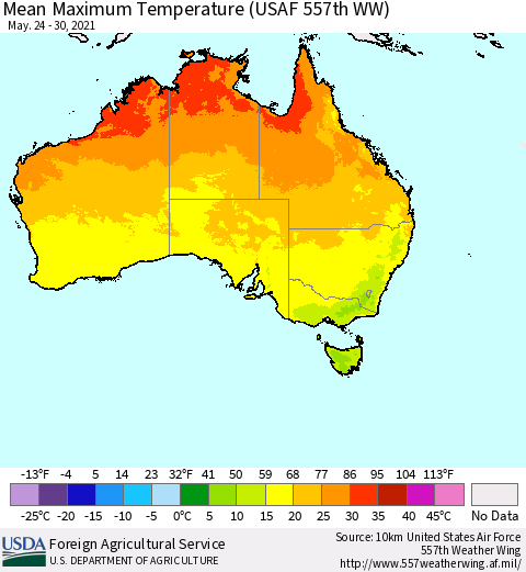 Australia Mean Maximum Temperature (USAF 557th WW) Thematic Map For 5/24/2021 - 5/30/2021
