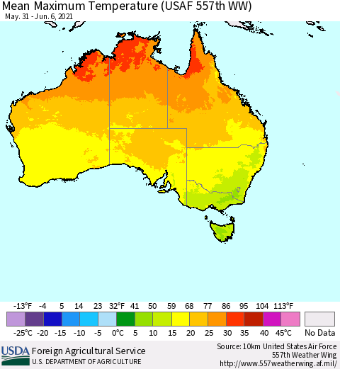 Australia Mean Maximum Temperature (USAF 557th WW) Thematic Map For 5/31/2021 - 6/6/2021