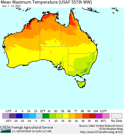 Australia Mean Maximum Temperature (USAF 557th WW) Thematic Map For 6/7/2021 - 6/13/2021