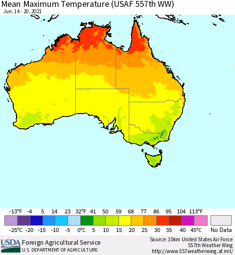 Australia Mean Maximum Temperature (USAF 557th WW) Thematic Map For 6/14/2021 - 6/20/2021