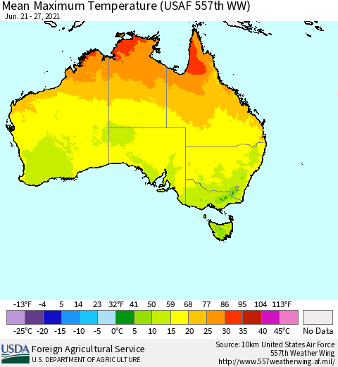 Australia Mean Maximum Temperature (USAF 557th WW) Thematic Map For 6/21/2021 - 6/27/2021