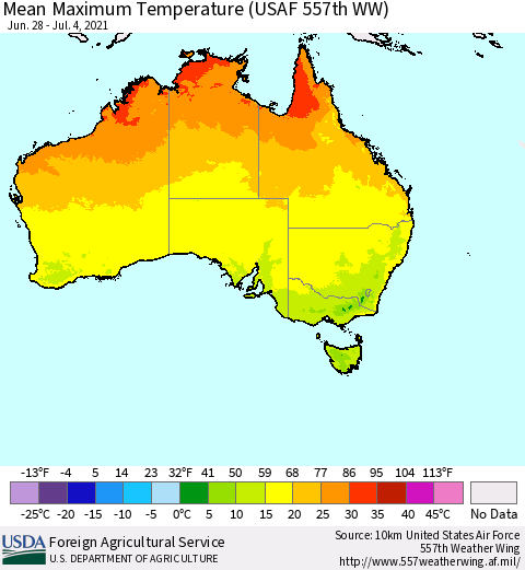 Australia Mean Maximum Temperature (USAF 557th WW) Thematic Map For 6/28/2021 - 7/4/2021