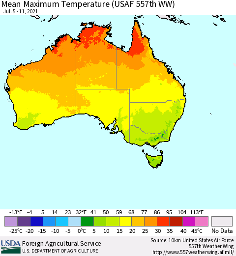 Australia Mean Maximum Temperature (USAF 557th WW) Thematic Map For 7/5/2021 - 7/11/2021
