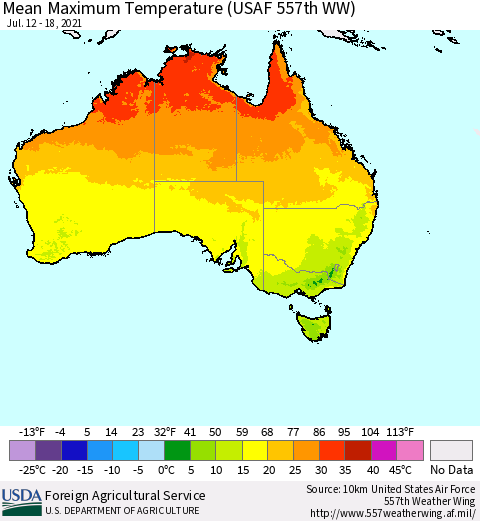 Australia Mean Maximum Temperature (USAF 557th WW) Thematic Map For 7/12/2021 - 7/18/2021