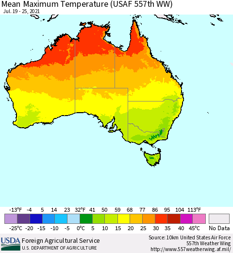 Australia Mean Maximum Temperature (USAF 557th WW) Thematic Map For 7/19/2021 - 7/25/2021