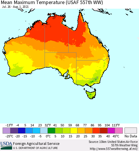 Australia Mean Maximum Temperature (USAF 557th WW) Thematic Map For 7/26/2021 - 8/1/2021