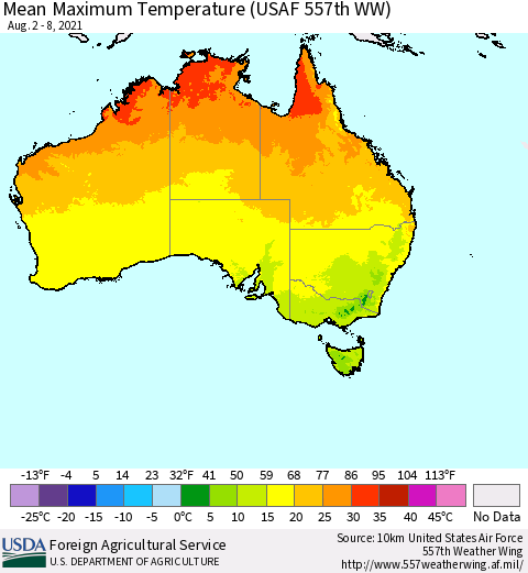 Australia Mean Maximum Temperature (USAF 557th WW) Thematic Map For 8/2/2021 - 8/8/2021