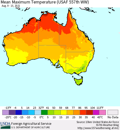 Australia Mean Maximum Temperature (USAF 557th WW) Thematic Map For 8/9/2021 - 8/15/2021