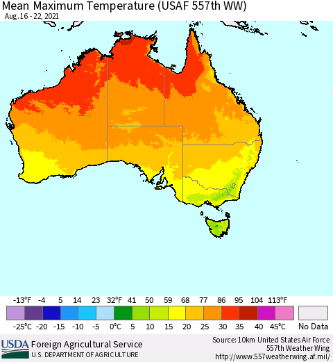 Australia Mean Maximum Temperature (USAF 557th WW) Thematic Map For 8/16/2021 - 8/22/2021