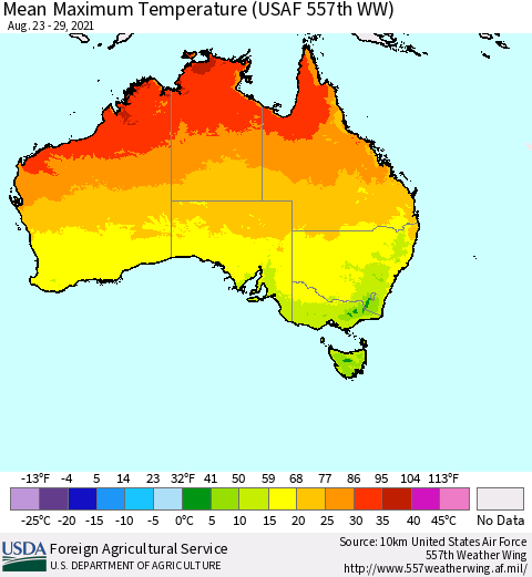 Australia Mean Maximum Temperature (USAF 557th WW) Thematic Map For 8/23/2021 - 8/29/2021