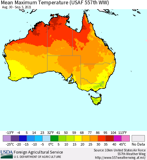 Australia Mean Maximum Temperature (USAF 557th WW) Thematic Map For 8/30/2021 - 9/5/2021
