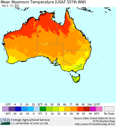 Australia Mean Maximum Temperature (USAF 557th WW) Thematic Map For 9/6/2021 - 9/12/2021