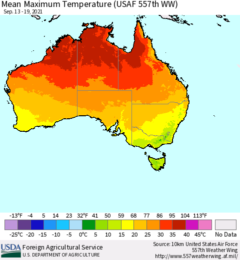Australia Mean Maximum Temperature (USAF 557th WW) Thematic Map For 9/13/2021 - 9/19/2021