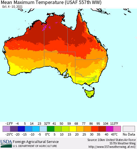 Australia Mean Maximum Temperature (USAF 557th WW) Thematic Map For 10/4/2021 - 10/10/2021