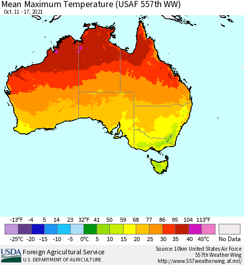Australia Mean Maximum Temperature (USAF 557th WW) Thematic Map For 10/11/2021 - 10/17/2021