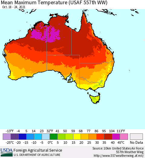 Australia Mean Maximum Temperature (USAF 557th WW) Thematic Map For 10/18/2021 - 10/24/2021
