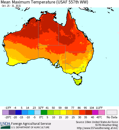Australia Mean Maximum Temperature (USAF 557th WW) Thematic Map For 10/25/2021 - 10/31/2021