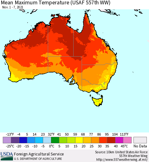 Australia Mean Maximum Temperature (USAF 557th WW) Thematic Map For 11/1/2021 - 11/7/2021