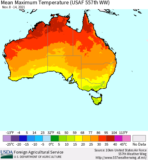 Australia Mean Maximum Temperature (USAF 557th WW) Thematic Map For 11/8/2021 - 11/14/2021