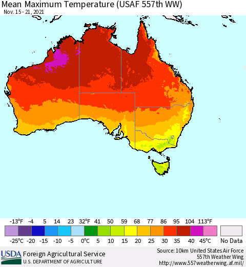 Australia Mean Maximum Temperature (USAF 557th WW) Thematic Map For 11/15/2021 - 11/21/2021