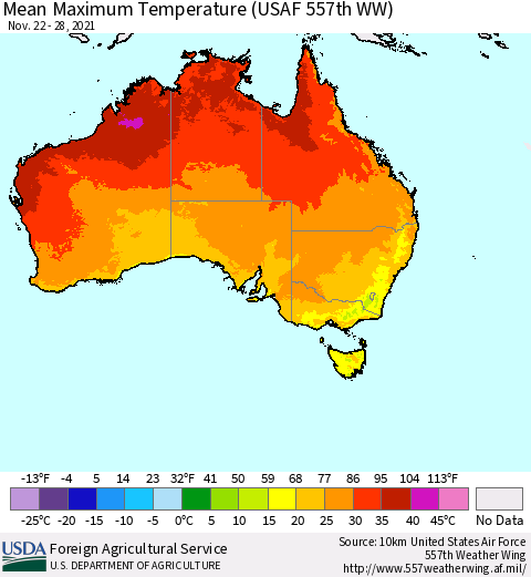 Australia Mean Maximum Temperature (USAF 557th WW) Thematic Map For 11/22/2021 - 11/28/2021