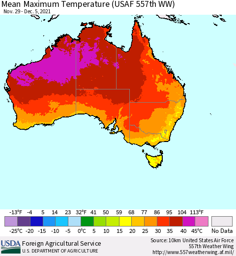 Australia Mean Maximum Temperature (USAF 557th WW) Thematic Map For 11/29/2021 - 12/5/2021