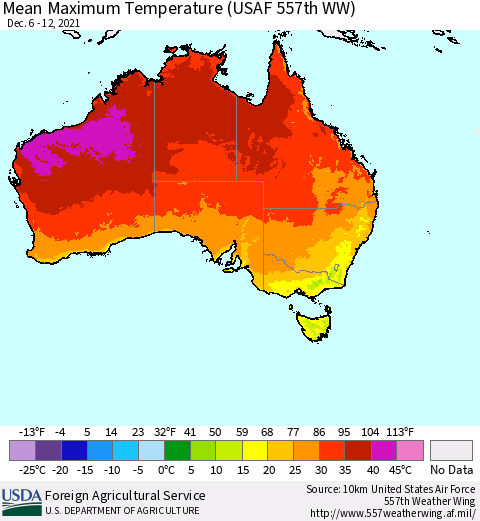 Australia Mean Maximum Temperature (USAF 557th WW) Thematic Map For 12/6/2021 - 12/12/2021