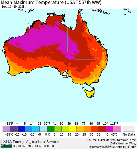 Australia Mean Maximum Temperature (USAF 557th WW) Thematic Map For 12/13/2021 - 12/19/2021