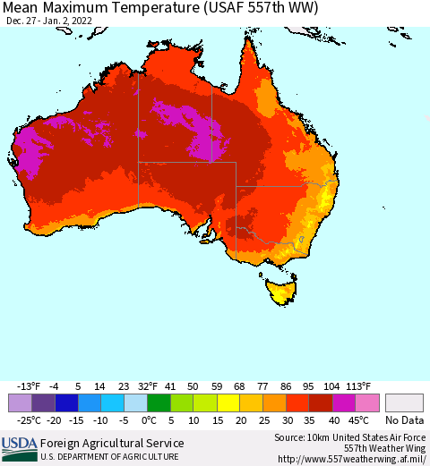 Australia Mean Maximum Temperature (USAF 557th WW) Thematic Map For 12/27/2021 - 1/2/2022