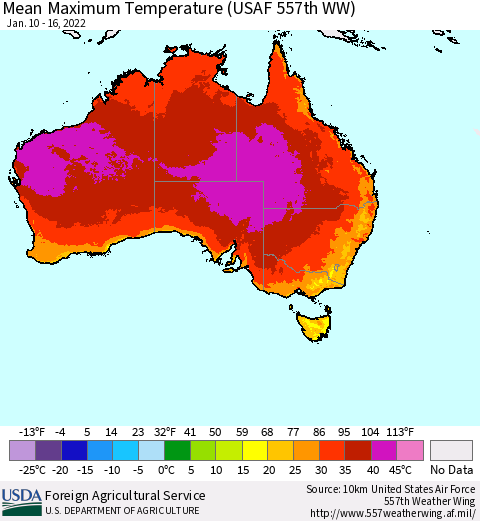 Australia Mean Maximum Temperature (USAF 557th WW) Thematic Map For 1/10/2022 - 1/16/2022