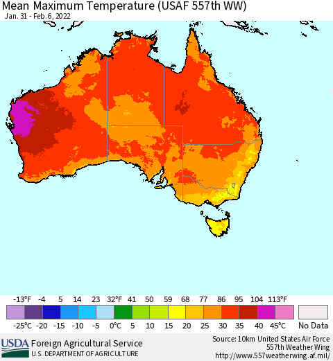 Australia Mean Maximum Temperature (USAF 557th WW) Thematic Map For 1/31/2022 - 2/6/2022