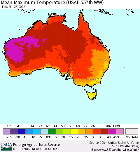 Australia Mean Maximum Temperature (USAF 557th WW) Thematic Map For 2/21/2022 - 2/27/2022
