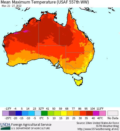 Australia Mean Maximum Temperature (USAF 557th WW) Thematic Map For 3/21/2022 - 3/27/2022