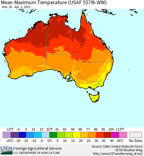 Australia Mean Maximum Temperature (USAF 557th WW) Thematic Map For 3/28/2022 - 4/3/2022