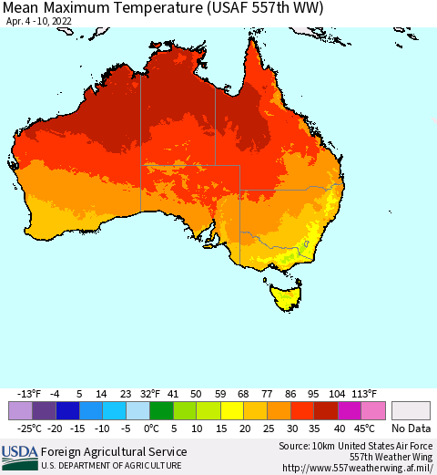 Australia Mean Maximum Temperature (USAF 557th WW) Thematic Map For 4/4/2022 - 4/10/2022