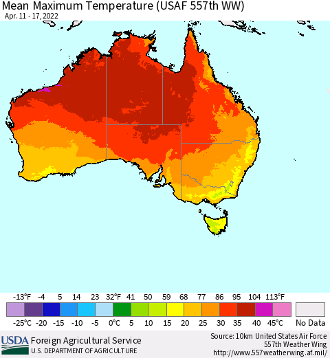 Australia Mean Maximum Temperature (USAF 557th WW) Thematic Map For 4/11/2022 - 4/17/2022