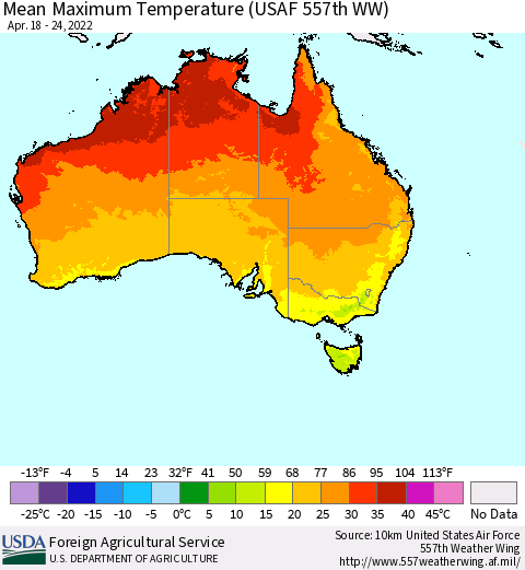 Australia Mean Maximum Temperature (USAF 557th WW) Thematic Map For 4/18/2022 - 4/24/2022